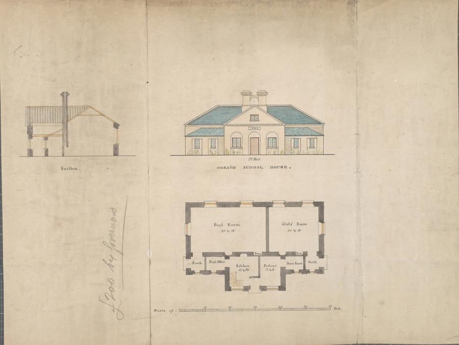 Title: Omeath Erasmus Smith School. Description: Plan for Omeath English school, county Louth, showing front elevation, ground floor plan, and side section. Colour wash. No related property documents. Related correspondence 1871-1904.. Copyright: Erasmus Smith Schools Archive, Ireland. License: CC BY-NC-ND. Source: https://repository.dri.ie/catalog/wd37km61c